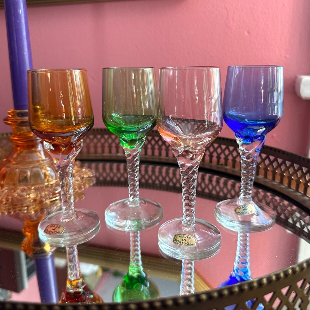 Set of 4 1960's Portugal Artisan Glass Rainbow Cordial Shot Glasses